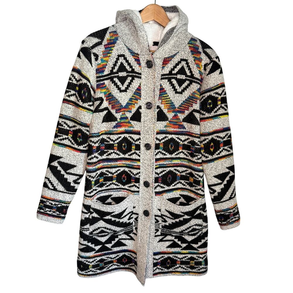 Aztec Sherpa Lined Hooded Cardigan Sweater Boho Western Women's Small On Blue